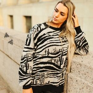 Boutique 2 Fly Western Zebra Print western scene cowboy rodeo sweater l-3x